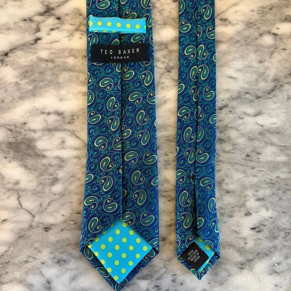 Ted Baker London‎ Men's  Blue Green Yellow Paisley Polka Dot 100% Silk Necktie